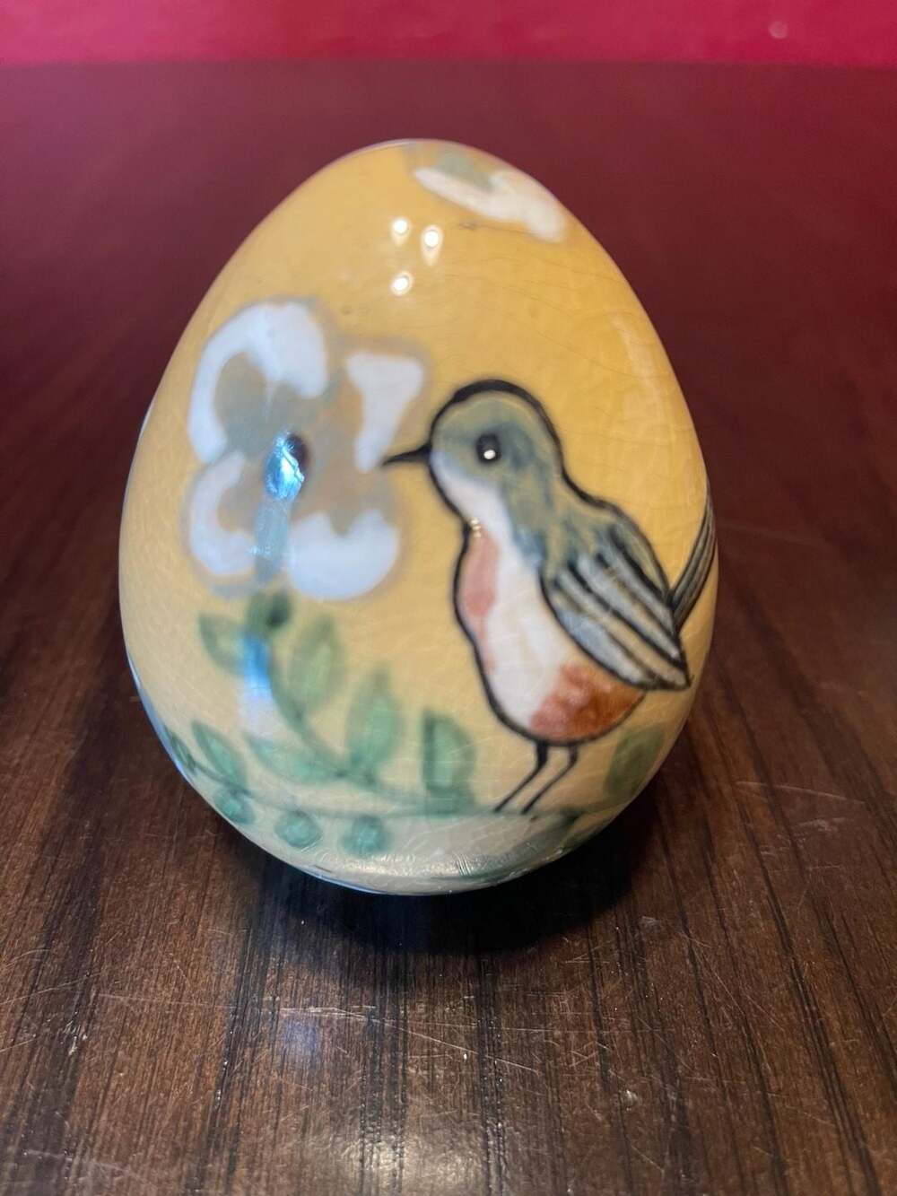 Hand Painted Ceramic Decorative Egg Bird and Floral Yellow Glossy Finish